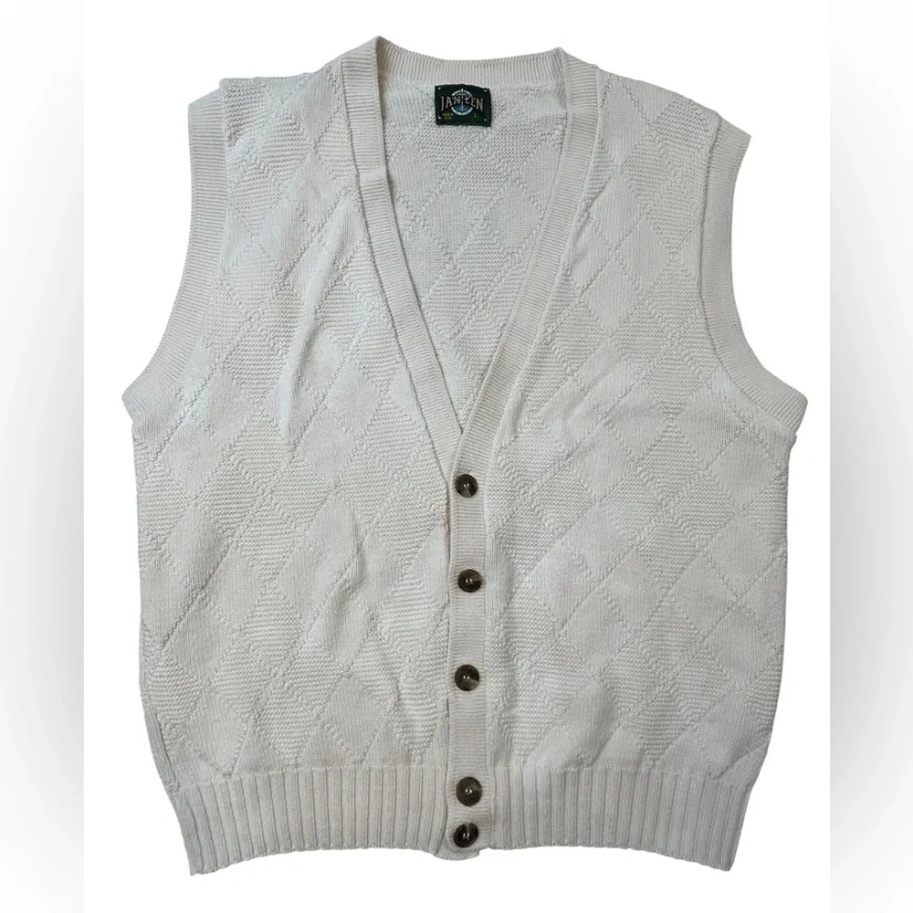 Jantzen Men’s Vintage Cream Cardigan Knit Sweater‎ Vest Diamond L